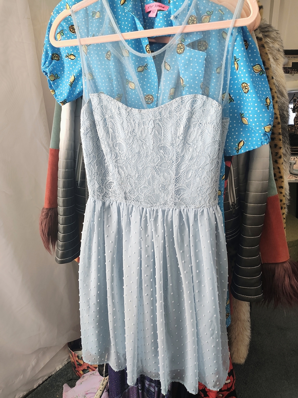 Source Unknown Light Blue Lace & Dot Mesh Mini Dress